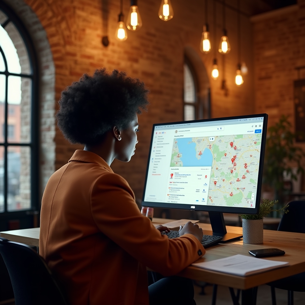 Small business owner reviewing their Google Business Profile on a laptop in a warmly lit creative workspace